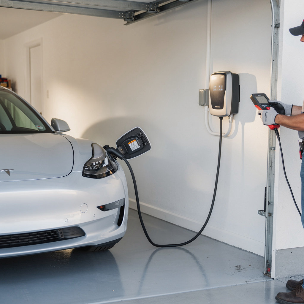 Renewed Electric Co. professional EV charger installation in modern Orange County garage