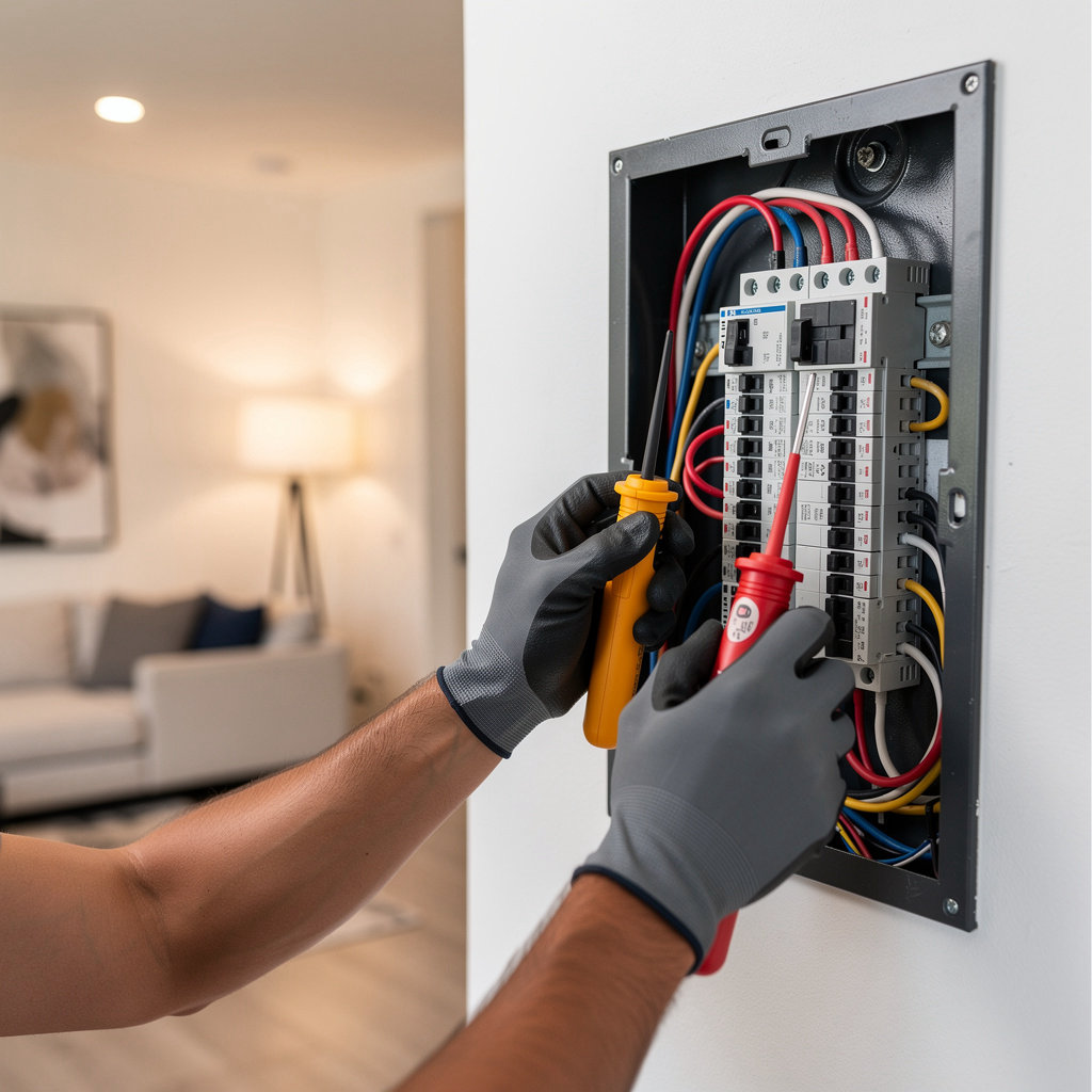 Renewed Electric Co. professional residential electrician installing modern lighting in Orange County home